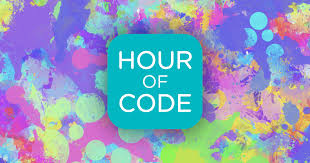 Multi-colored rectangle with a rounded edge aqua square with white Hour of Code words.